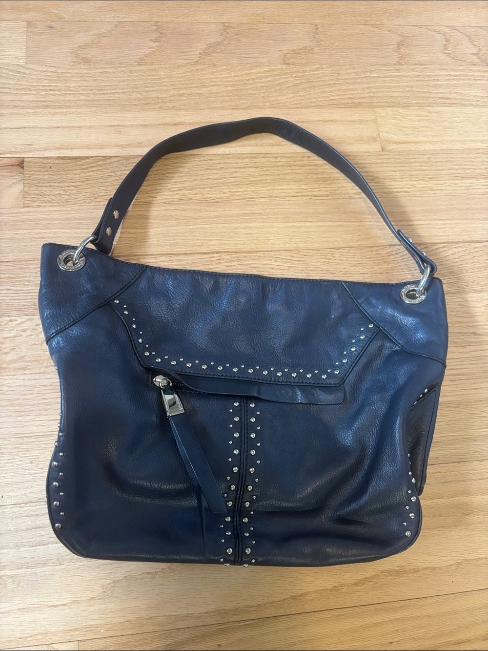 B. Makowski navy blue shoulder bag with silver studded details